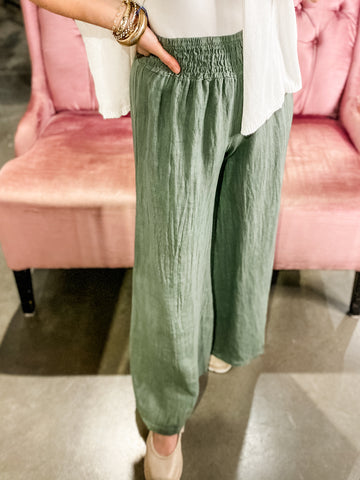 Linen Palazzo Pant, Army Green