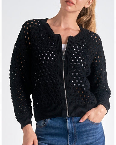 Aster Crochet Zip Up Cardigan, Black