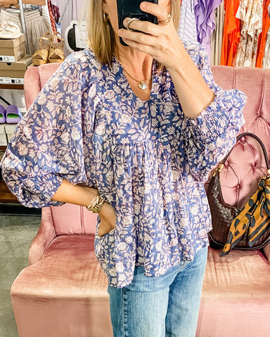 Anjou Block Print Top, Blue