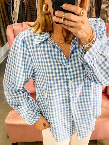 Stella Button Up Top, Blue Gingham