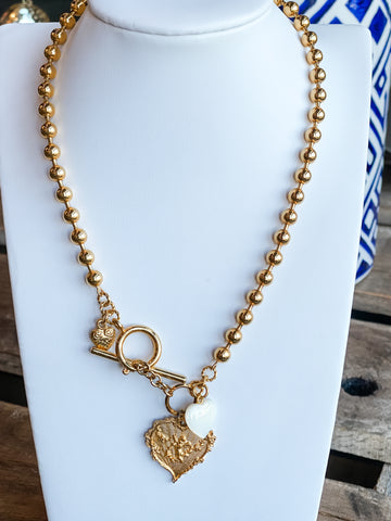 Gold Plated Ball Chain with Mother of Pearl & Gold Plated Hearts